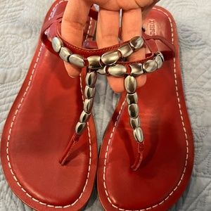 Bernardo Red Leather Flat Sandals with Beading, Size 9.5